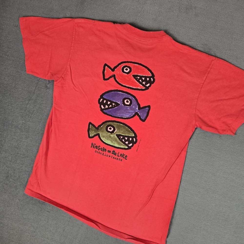 Vintage Niagra On The Lake T-Shirt Mens Medium Red Graphic Fish Tee Falls Canada